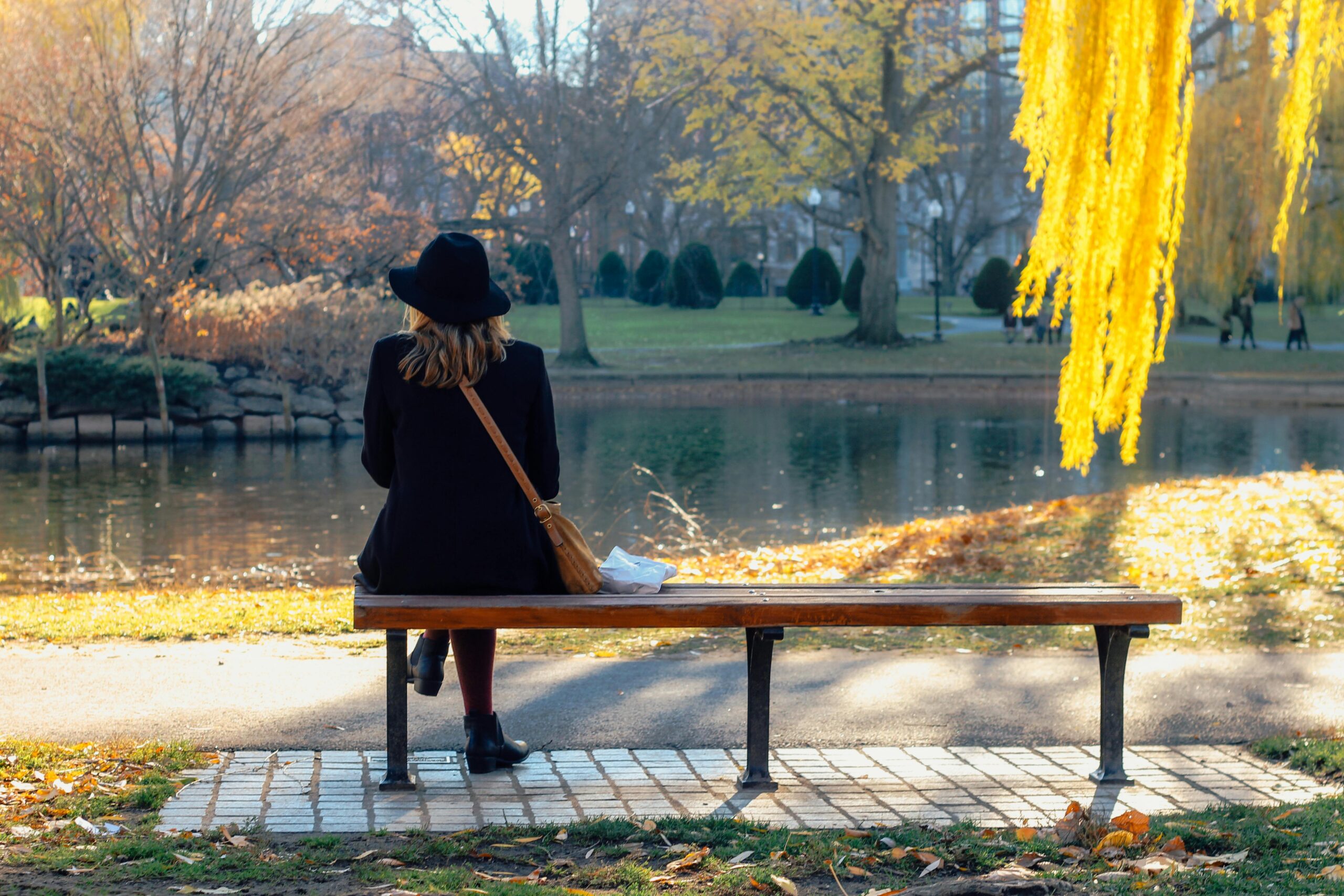 A woman sitting on a bench by the lake in a serene park setting during fall.